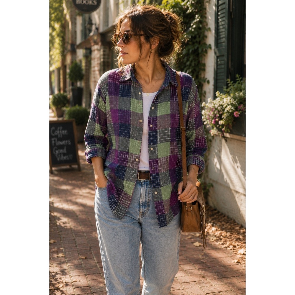 National Plaid Patchwork Shirt Womens S 100% Cotton 90s Preppy Grandpa Core